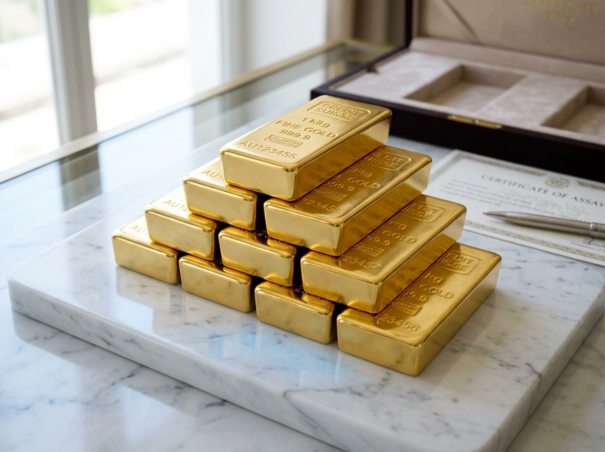 Certified 999.9 pure gold bullion bars on display