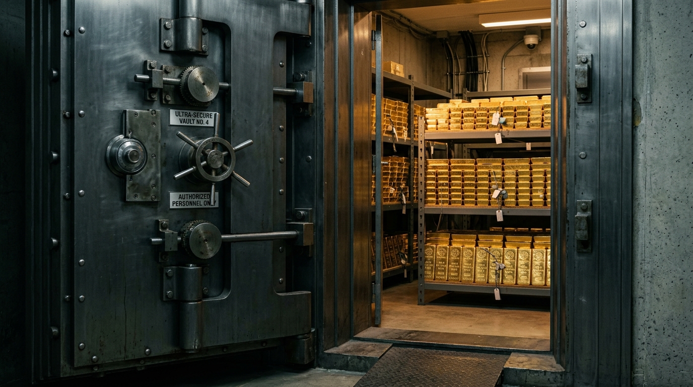 Heavy reinforced bank vault facility with stacked gold bullion bars in custody